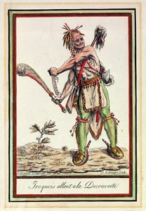 Iroqueses partiendo en una expedición, grabado por J. Laroque